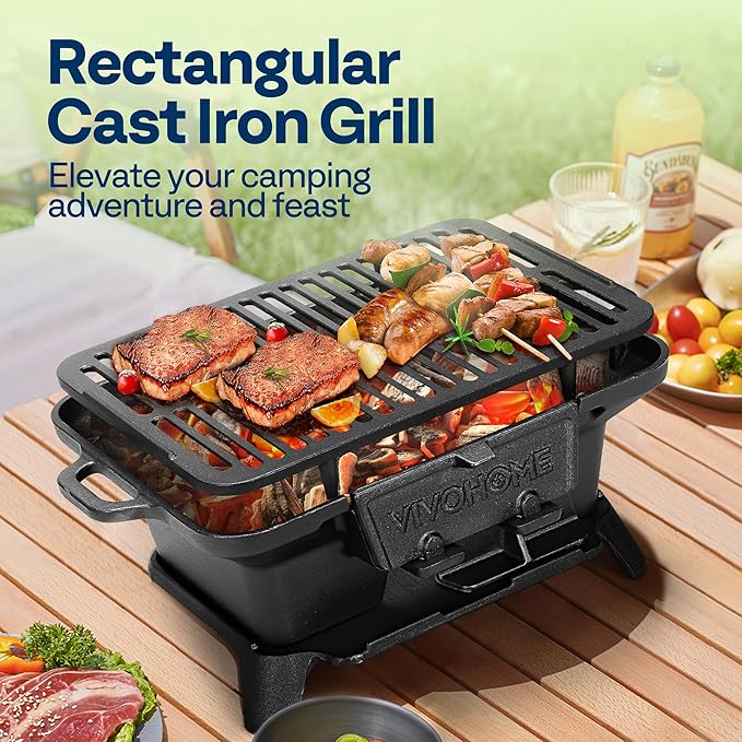VIVOHOME Rectangle Cast Iron Charcoal Grill with Double-Sided Grate, Portable Outdoor BBQ Grill, Compact Tabletop Grill Stove (Note: The charcoal grid is made of stainless steel, not cast iron)