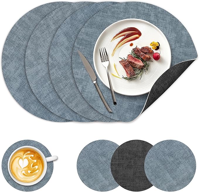 13" Round Placemats Set of 4, NCUE Dual-Sided Faux Leather Heat Resistant Table Mats, Waterproof Oilproof Washable Protective Table Placemats with Coaster, Wipeable Vinyl for Indoor & Outdoor Use