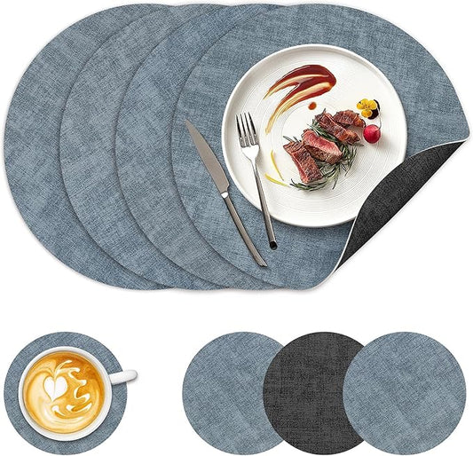13" Round Placemats Set of 4, NCUE Dual-Sided Faux Leather Heat Resistant Table Mats, Waterproof Oilproof Washable Protective Table Placemats with Coaster, Wipeable Vinyl for Indoor & Outdoor Use