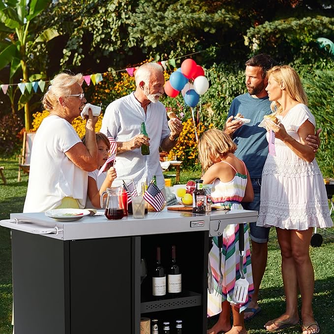 Royal Gourmet PC3201S Movable Grill Cart, 43" L x 24" W Stainless Steel Countertop, Storage Cabinet with Single-Door, Foldable Side Shelf, Tool Hooks & Inner Shelves, for Indoor & Outdoor Use, Black