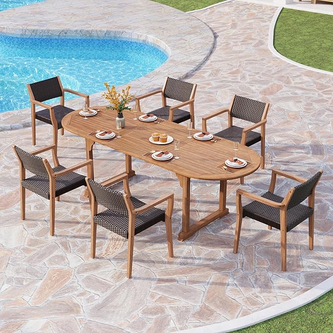PHI VILLA Outdoor Acacia Wood Expandable Table for 6-8, Extendable Wooden Dining Table with Slat Design, Large Rectangular Farmhouse Dining Furniture for Patio, Deck, Porch, Backyard