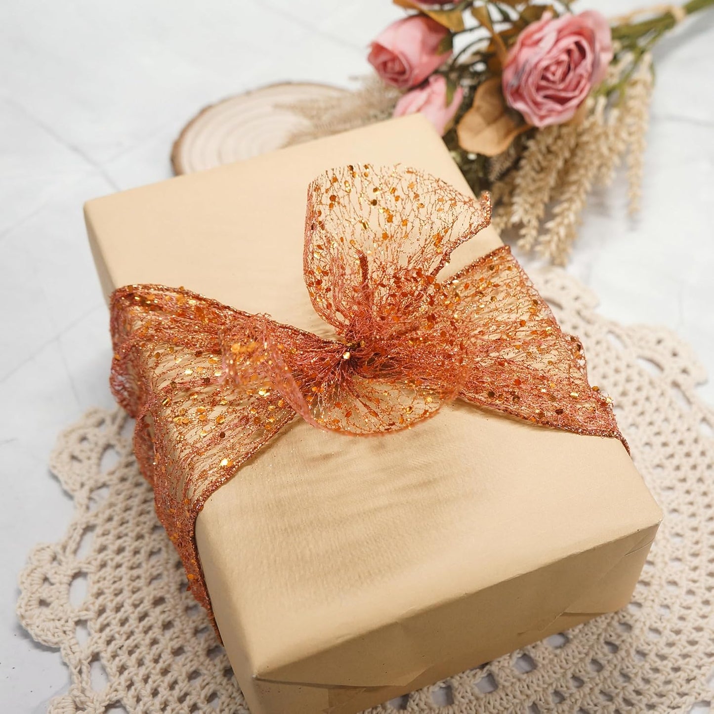 CT CRAFT LLC Sparkling Glitter Mesh Wired Ribbon 6" x 10 Yards Bronze Orange for Christmas Home Decor Bow Gift Wrapping DIY Crafts Wreath