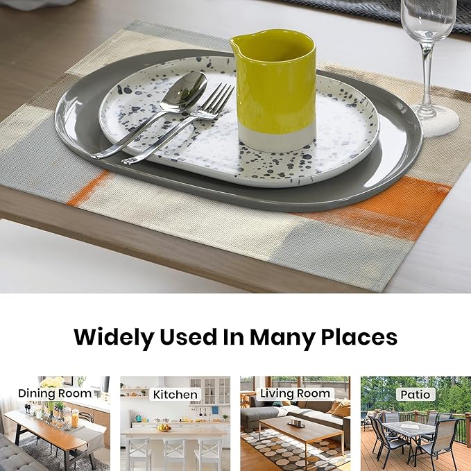 Modern Art Placemats for Dining Table Set of 6 Orange Abstract Painting Place Mats Washable Beige Linen Placemat for Kitchen Home Dinner Party Decor 18x12 Inches