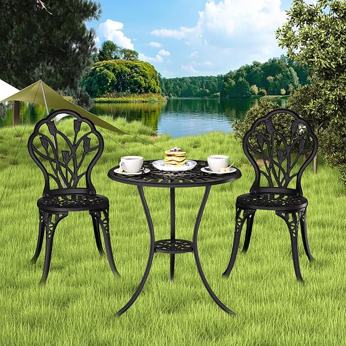 Outdoor Bistro Table and Chairs Set of 2, 3 Piece Patio Bistro Set w/Umbrella Hole, Rust-Resistant Cast Aluminum Bistro Set for Garden/Balcony/Backyard, Black