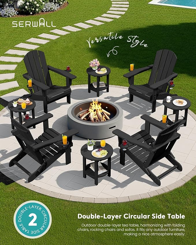 SERWALL Round Outdoor Side Table, HDPE Small Adirondack End Table,2-Tier Patio Side Table for Backyard Pool Porch Garden Lawn, Black