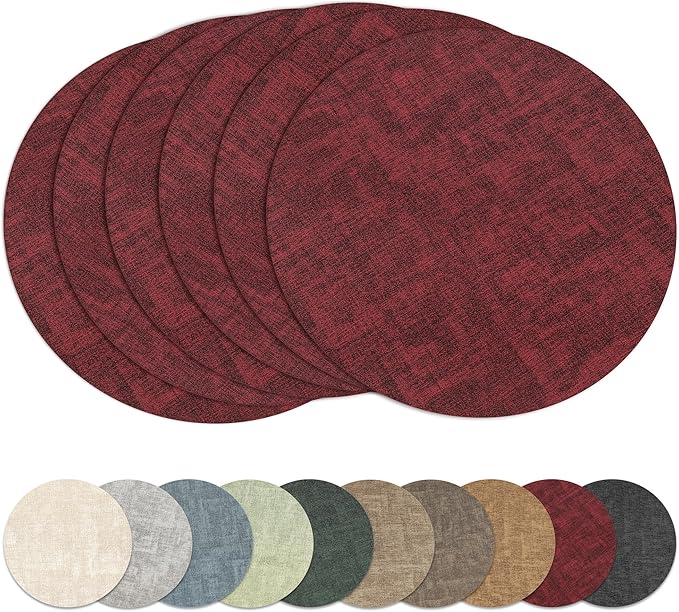 13"Round Placemats Set of 6, Reversible Faux Leather Heat Resistant Table Mats, 100% Waterproof Oilproof Wipeable Table Protective Placemats for Vinyl, Washable for Indoor & Outdoor Use (6, burgundy)