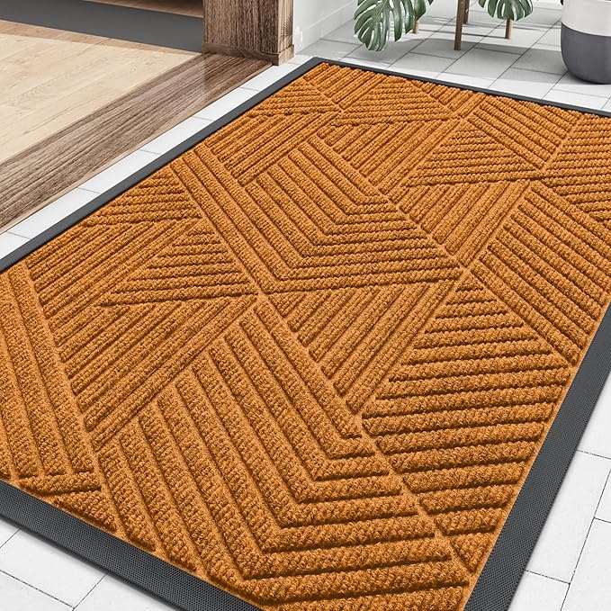 Smiry Front Door Mat Outside Entrance, Heavy Duty Sturdy Natural Rubber Doormat, Trap Dirt and Moisture, Easy Clean Low Profile Mats for Indoor Outdoor Entry, Irregular Triangle (36x24, Amber)