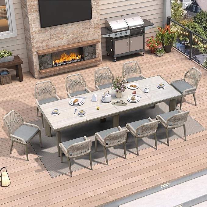 PURPLE LEAF 11 Pieces Patio Dining Set Aluminum Rectangular Table and Wicker Chairs with Cushions for Kitchen Porch Garden Modern Outdoor Furniture Sets, Light Grey