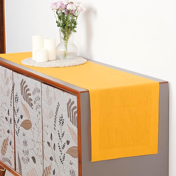 D'Moksha Homes Linen Table Runner 54 Inches - 100% Pure Linen Sunflower Yellow Table Runner 14 x 54 Inch for Dresser, Coffee Tables, Winter, Holiday - Machine Washable