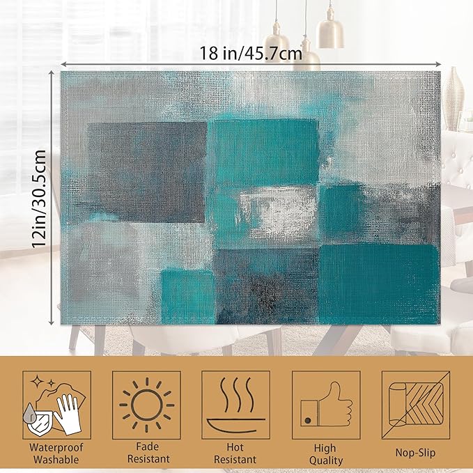 6 Pcs Placemats,Teal Gray Painting Placemat,Art Painting Table Mats Washable Recyclable Table Placemats for Indoor Outdoor Heat Resistant Kitchen Dining 12"x18"