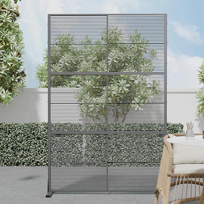 Casaphoria Metal Privacy Screen Outdoor, 72" H x 47" W Freestanding Decorative Privacy Screen for Patio Deck Balcony Garden with Stable Base, Black-Cross Stripe