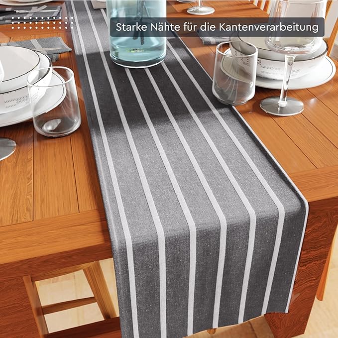 Encasa XO Cotton Dining Table Runner | Roma Grey Stripes | Size 13x118 in - Machine Washable & Durable