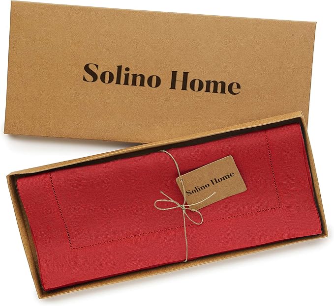 Solino Home Linen Red Table Runner 144 Inches Long - 100% Pure Linen Extra Long Table Runner 14 x 144 Inch for Valentines, Winter - Classic Hemstitch