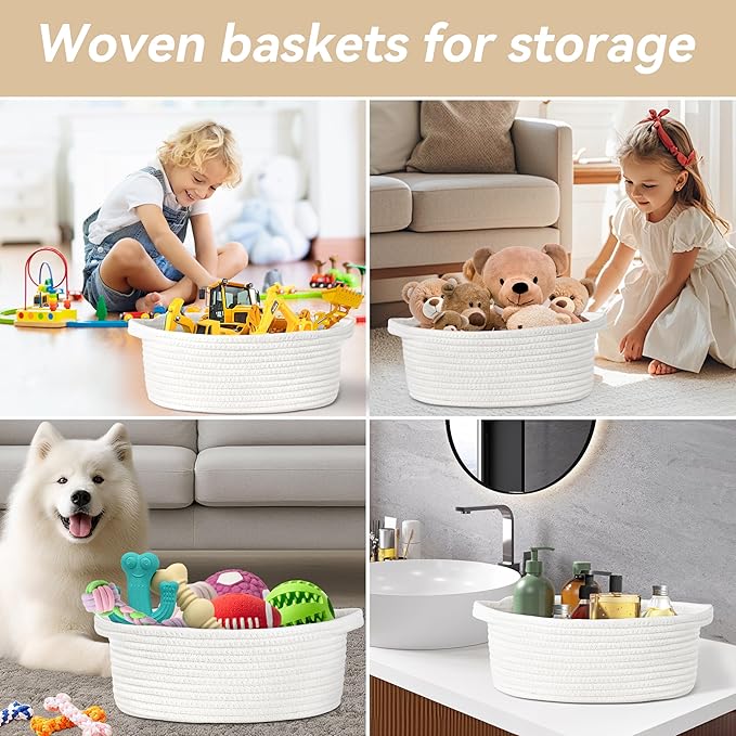 Pro Goleem Small Woven Burr Basket with Gift Bags and Ribbons Durable Baskets for Gifts Empty Small Rope Basket for Storage 12"X 8" X 5" Baby Toy Baskets with Handles, White