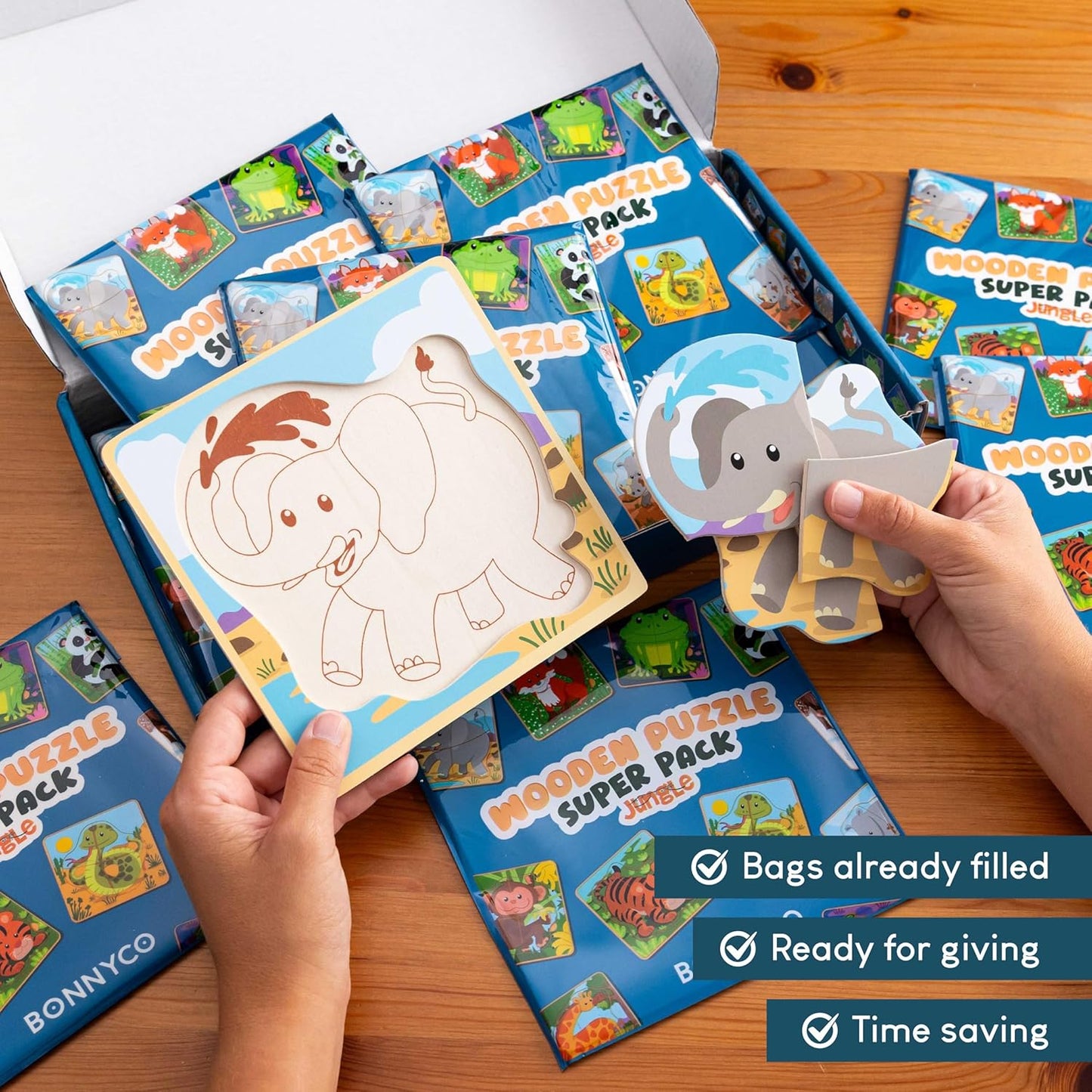 BONNYCO 4 Pieces Wooden Puzzles Pack 16 Party Favors for Kids 1 to 5. Birthday Goodie Bags Stuffers, Valentines Gifts for Toddlers Ideas, School Classroom Prizes and Baby Bulk Toys