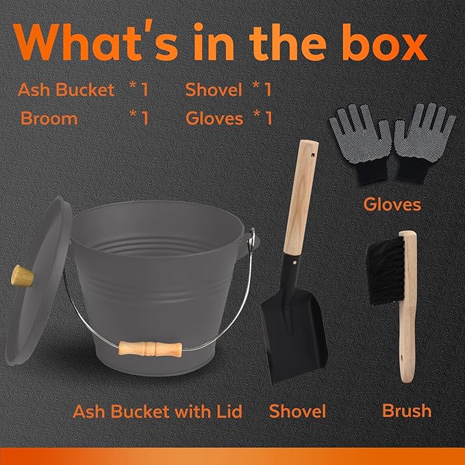 Small Ash Bucket with Lid and Shovel, Metal Fireplace Ash Bucket with Broom, Complete Fireplace Tools Set for Wood Stove and Fireplace, Gray