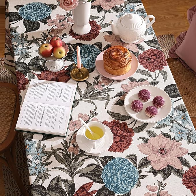 French Linen Tablecloth for Rectangle Table,Red and Blue Floral Durable Extra Long Tablecloths,Home Decor Table Cover for Kitchen,Dining,Thanksgiving,Farmhouse,67" × 118"-Burgundyred