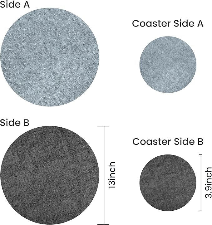 13-Inch Faux Leather Round Placemats Set of 8, Waterproof Anti-Slip Dual Sided Place mats, Heat Resistant Washable Table Mats with Coaster, Suitable for Indoor & Outdoor (8, Black Light Blue)