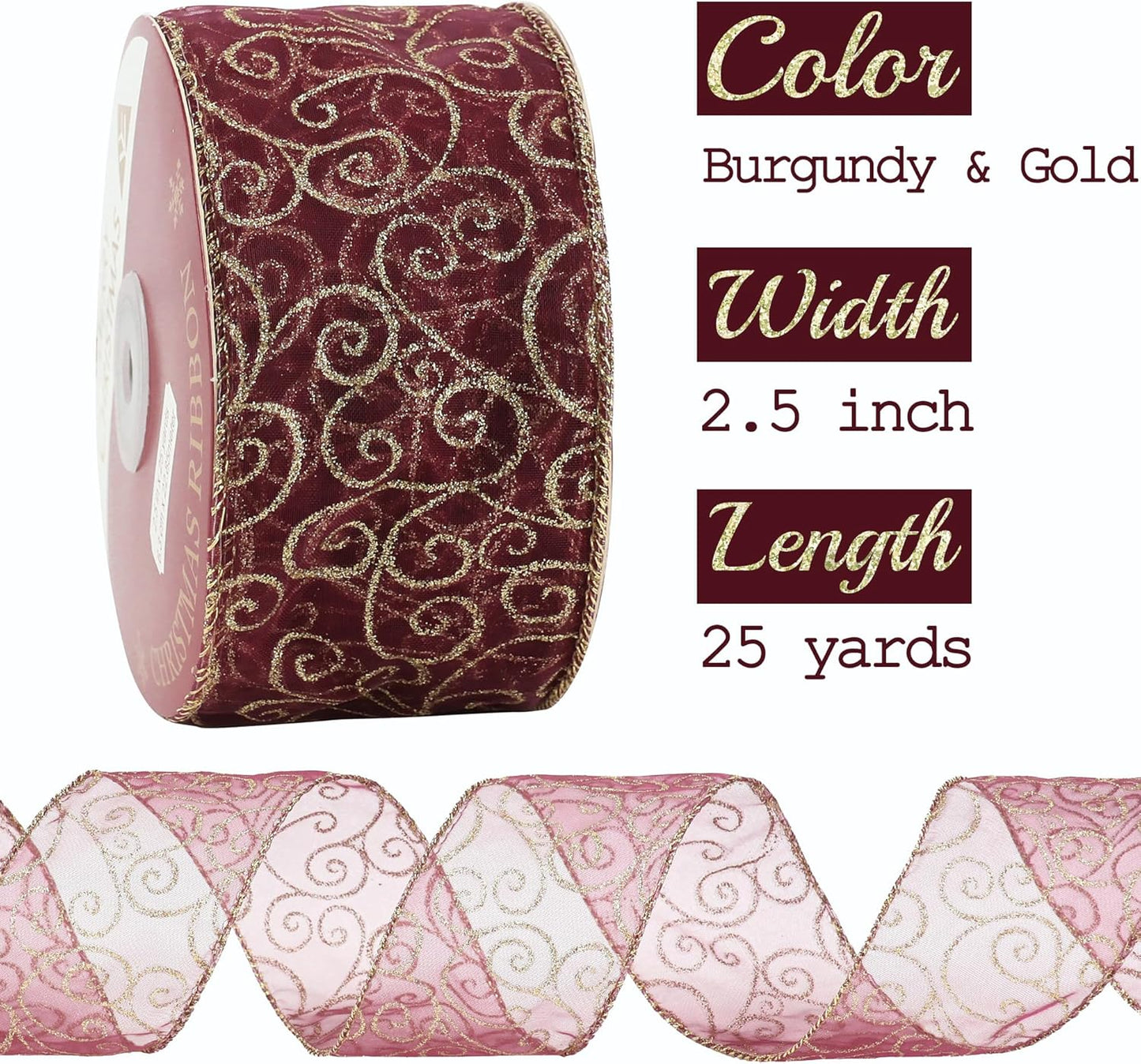 MEEDEE Red Gold Swirl Wired Ribbon 2.5 Inch Dark Red Sheer Ribbon with Gold Swirl Glitter Wired Ribbon Organza Sheer Ribbon 25 Yards Burgundy Sheer Christmas Ribbon for Christmas Tree, Wreath Bow