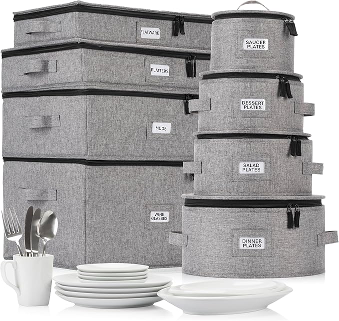 8pcs Hard Shell China Dinnerware Storage Containers with Lid - Heavy Duty Mug, Wine Glass, Platter, Silverware and Plate Storage Box