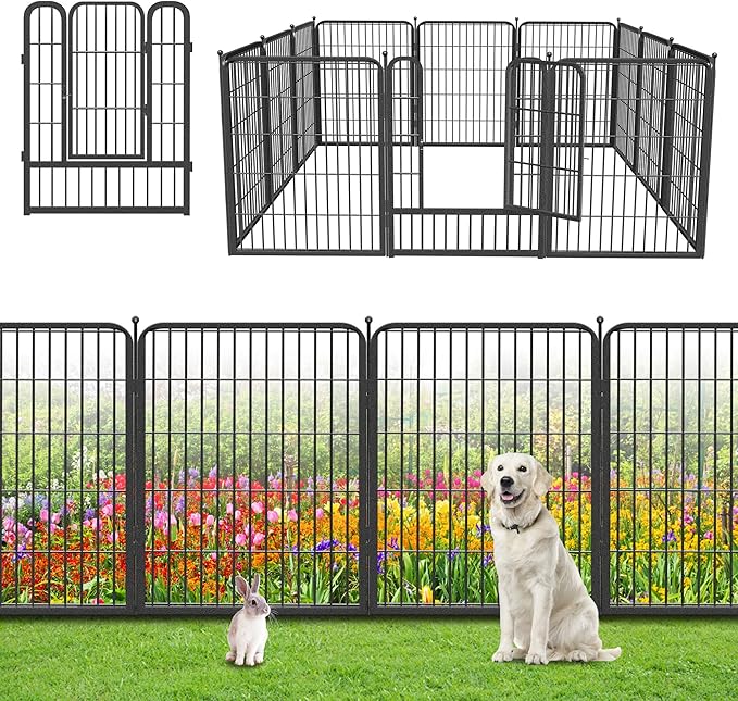 Garden Fence with Gate Metal Fencing for Yard, 32in x 23ft 10 Panels No Dig Fence Panels Temporary Dog Fence Rustproof Garden Fencing Flower Bed Edging for Patio