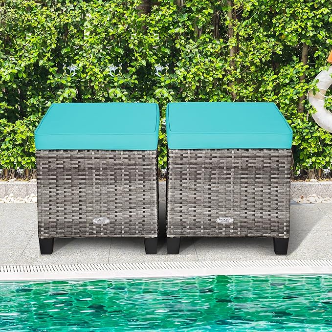 Tangkula 2 Pieces Patio Rattan Ottomans, Outdoor Wicker Footstool Footrest Seat with Soft Cushions and Steel Frame, All-Weather Patio Ottoman Set for Backyard Garden Poolside