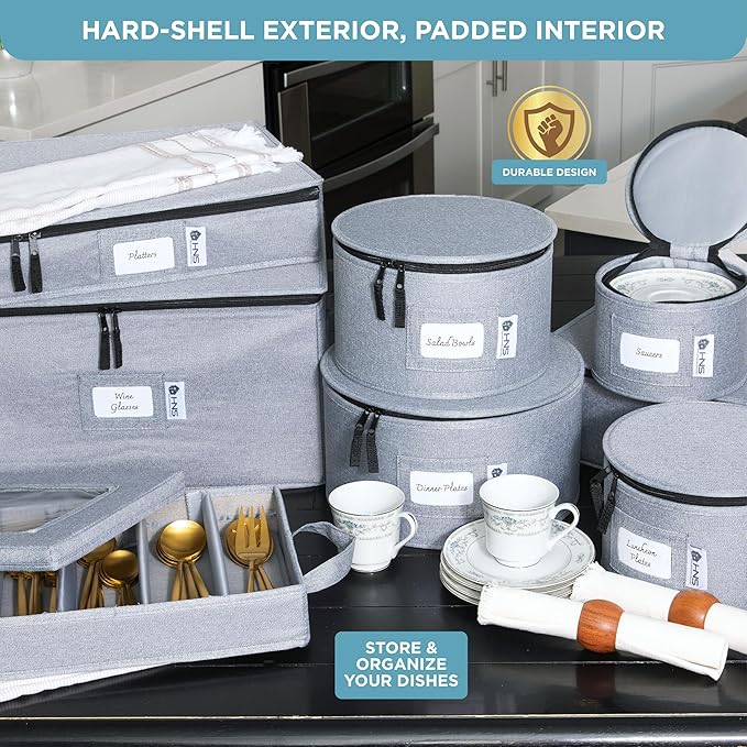 China Storage Hard Shell Containers 12-Piece Set Moving Boxes for Dinnerware, Glasses, Plates, Mugs and Saucers Sturdy Dish Organizer with Dividers for Seasonal Storage - Service for 12 - Grey