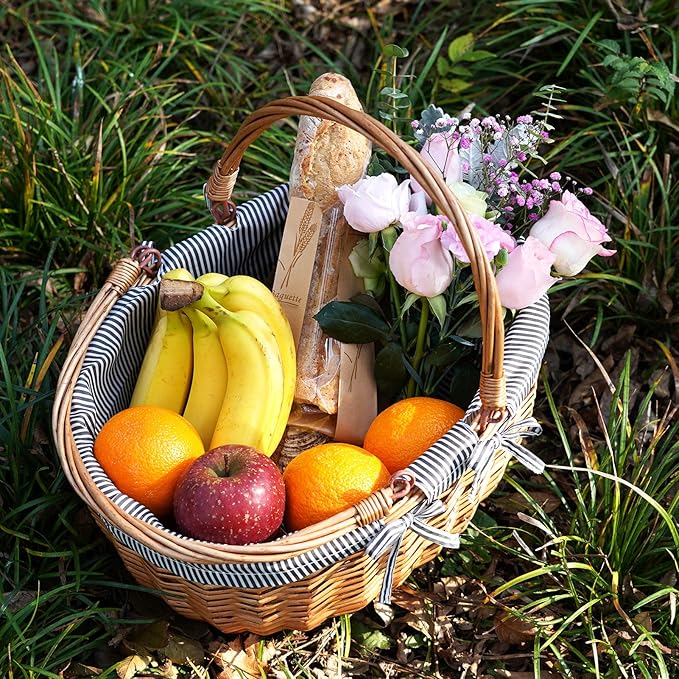 G GOOD GAIN Oval Picnic Basket with Folding Handles, Willow Hand Woven Shopping Basket, Bath Storage Gift Packing Basket, Wicker Empty Easter Eggs and Candy Small Gift Basket. Grey