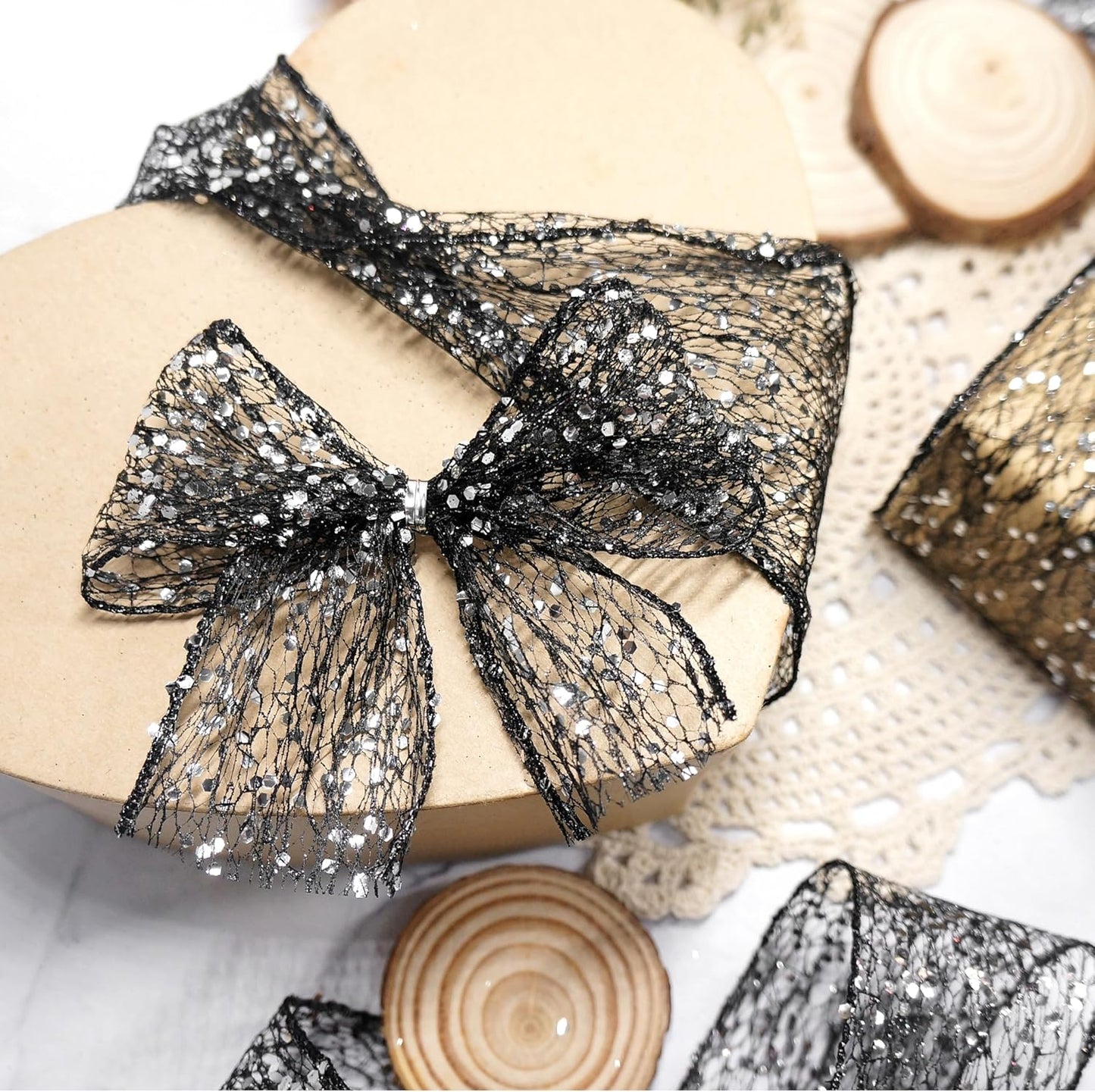 CT CRAFT LLC Sparkling Glitter Mesh Wired Ribbon 2.5" x 20 Yards Black for Christmas Home Decor Bow Gift Wrapping DIY Crafts Wreath