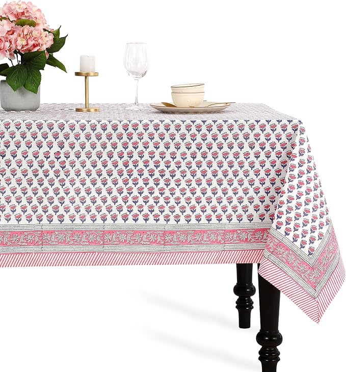 CPC Tablecloth 100% Cotton 60x90 Inch Indian Block Print Rectangle Table Cover, Washable Table Cloth for WeddingsSpring/Summer, Barbeque - Pink Sapphire