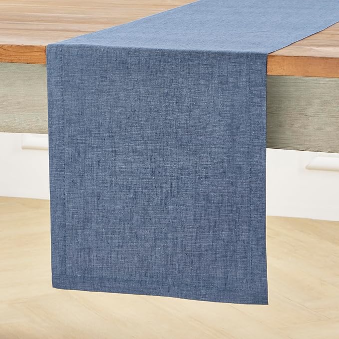 Solino Home Linen Table Runner 144 Inches Long - Athena, 100% Pure Linen Blue Denim Dining Table Runner 14 x 144 Inch for Spring, Easter