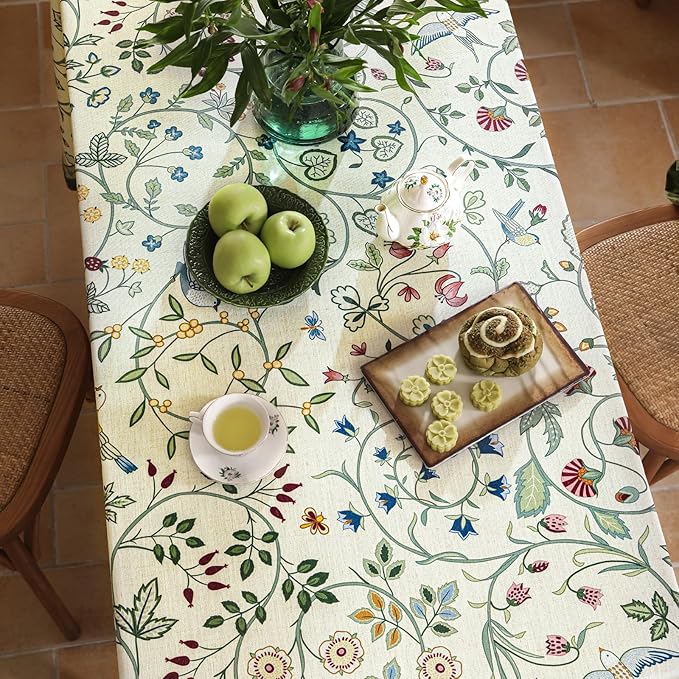 Linen Table Cloth Rectangle,Wrinkle Resistant French White and Green Tablecloth Print with Froal,Decor Stitch Table Cloth for Thanksgiving,Dining Room,Home,63" × 102"-Idaho A