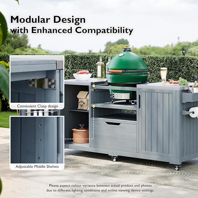 66.5" Outdoor Kitchen Island with Stainless Steel Top for Big Green Egg, Rolling Grill Cart with Adjustable Shelves, Lockable Wheels, Outdoor Table and Bar Storage Cabinet for Patio