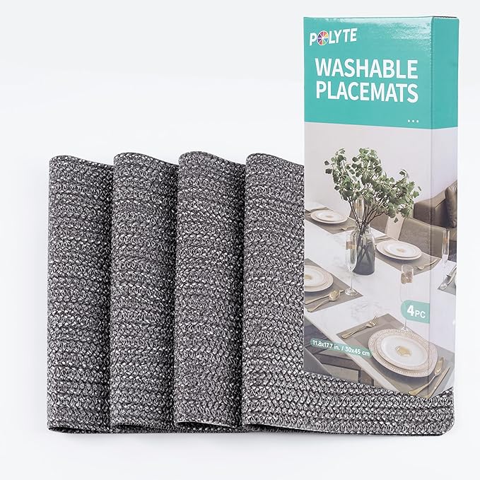 POLYTE Indoor/Outdoor Washable Woven Vinyl Table Dining Placemats, Set of 4