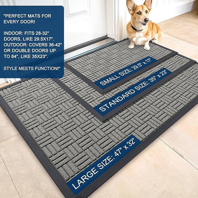 OLANLY Front Door Mat Outside Entrance 35x23, Absorbent, Heavy Duty Sturdy Natural Rubber Doormat Indoor Outdoor, Non-Slip, Stain and Fade Resistant, Low Profile Floor Mat for Entryway, Modern Gray