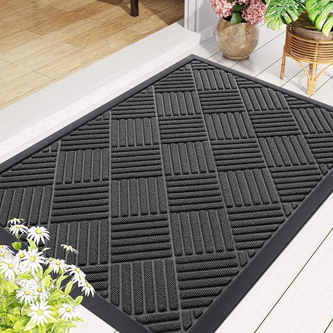 Smiry Front Door Mat Outside Entrance, Heavy Duty Outdoor Indoor Natural Rubber Doormat, Non Slip, Trap Dirt and Moisture, Easy Clean, Low Profile Patio Porch Entryway Mat, 47x23, Black