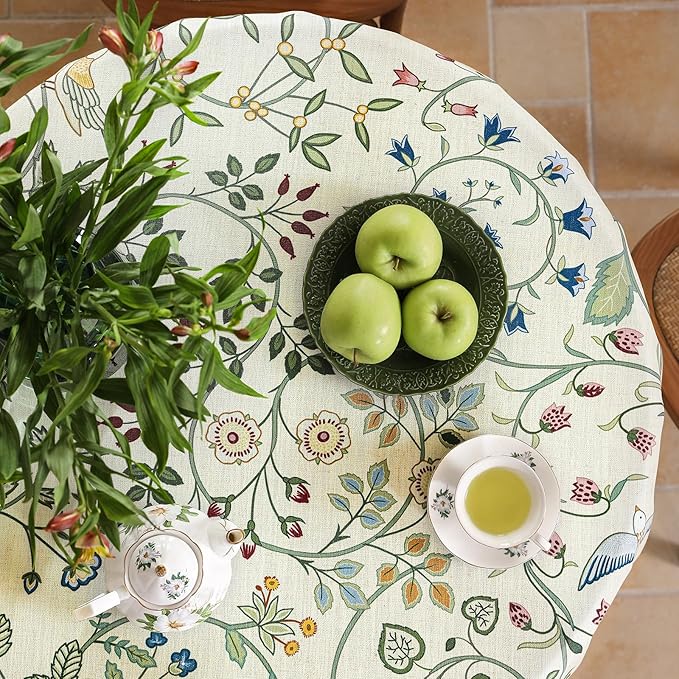Linen 67 Inch Round Tablecloth,Wrinkle Resistant French White and Green Tablecloth Print with Froal,Decor Stitch Table Cloth for Thanksgiving,Dining Room,Home Diameter 67"-Idaho A