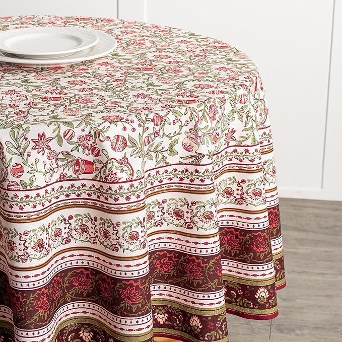 Maison d' Hermine Table Cloth Round Table 100% Cotton 63 Inches Fall Tablecloth Reusable Everyday Use for Thanksgiving Christmas Decorations Dining Farmhouse Party (Reveillon Au Jardin)