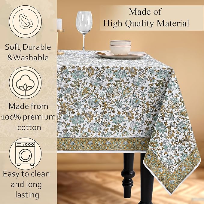 CPC Tablecloth 100% Cotton 60x90 Inch Indian Block Print Rectangle Table Cover, Washable Table Cloth for Weddings, Spring/Summer, Barbeque - Harvest Bloom