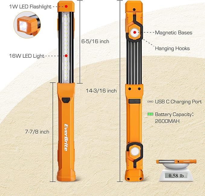EverBrite 1000LM LED Work Light, Rechargeable Work Light for Mechanics with Dual Magnetic Bases&Hanging Hooks, 4 Lighting Modes, USB C Cable, Ideal Christmas Gift for Car Repair, Working, Pack of 2