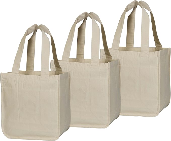 Best Canvas Grocery Shopping Bags with Handles and Bottle Sleeves - Organic Cotton, Washable and Eco-friendly Cloth Grocery Totes - Reusable Shopping Grocery Bags (3 Bags)
