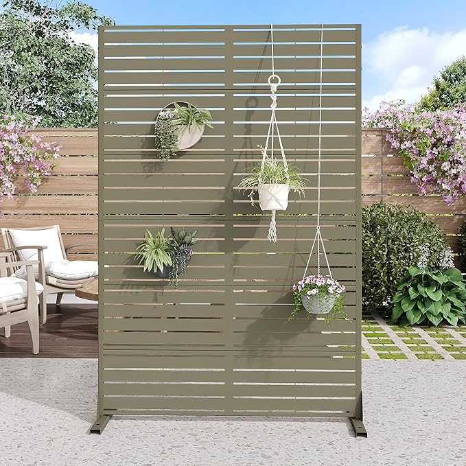 Casaphoria Metal Privacy Screen Outdoor, 72" H x 47" W Freestanding Decorative Privacy Screen for Patio Deck Balcony Garden with Stable Base, Green-Louvered