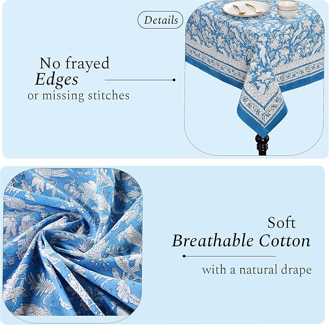 CPC Blue Sapphire 60X60 Inch Square Tablecloth Cotton Indian Block Print Tablecloth Handmade Printed Washable Cotton Table Cloth Spring Summer Weding Table Cover