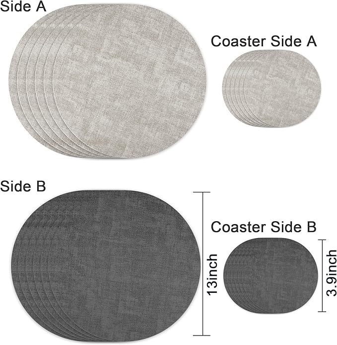 13-Inch Faux Leather Round Placemats Set of 6, Waterproof Anti-Slip Dual Sided Place mats, Heat Resistant Washable Table Mats with Coaster, Suitable for Indoor & Outdoor (6, Black Light Gray)