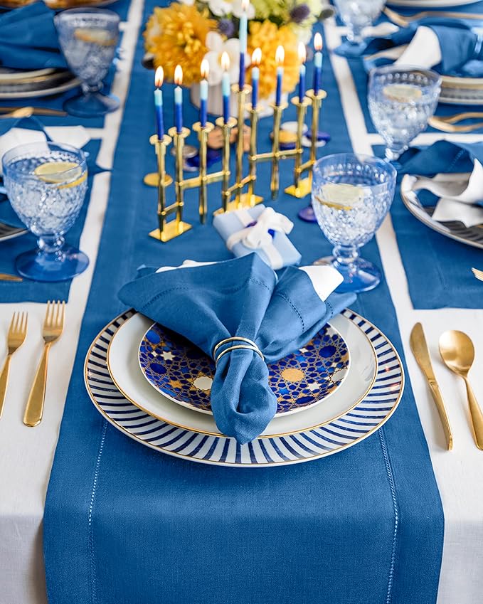 Solino Home Linen Indigo Blue Table Runner 90 Inches Long - 100% Pure Linen 14 x 90 Inch Table Runner for Winter, Spring, Easter - Classic Hemstitch