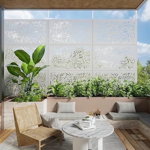 Casaphoria 72" H x 47" W Metal Outdoor Privacy Screen, Freestanding Decorative Divider for Patio, Deck, Balcony, and Garden with Stable Base, White Bamboo Leaves