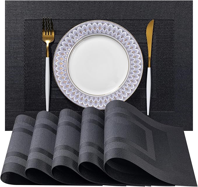 LEXMORE Placemats Set of 6 Vinyl/Plastic Woven Place Mats for Kitchen Table Indoor/Outdoor Washable Placemat Wipeable Dining Table Mats(Black Cube)