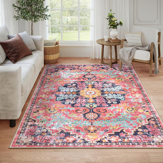 Lahome 6x9 Area Rugs Machine Washable Area Rugs for Living Room,Non Slip Bedroom Rug,Dining Room Rugs for Under Table,Large Bohemian Vintage Non Skid Indoor Carpet for Home Office(6x9ft,Fuchsia)