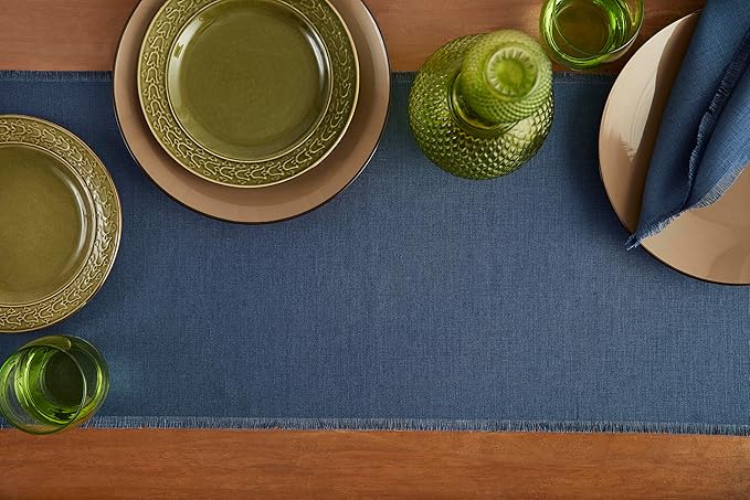 Solino Home Linen Vintage Blue Table Runner 90 Inches Long - Fringe, 100% Pure Linen Dining Table Runner 14 x 90 Inch for Winter, Spring, Easter
