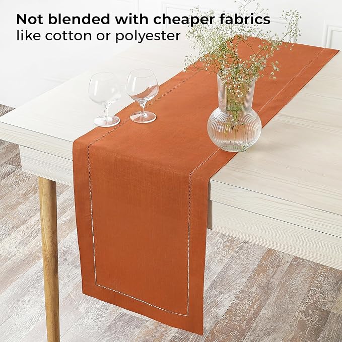 D'Moksha Homes Linen Rust Table Runner 48 Inches - Classic Hemstitch, 100% Pure Linen Coffee Table Runner 14 x 48 Inch Ideal for Dresser Tables - Spring, Easter